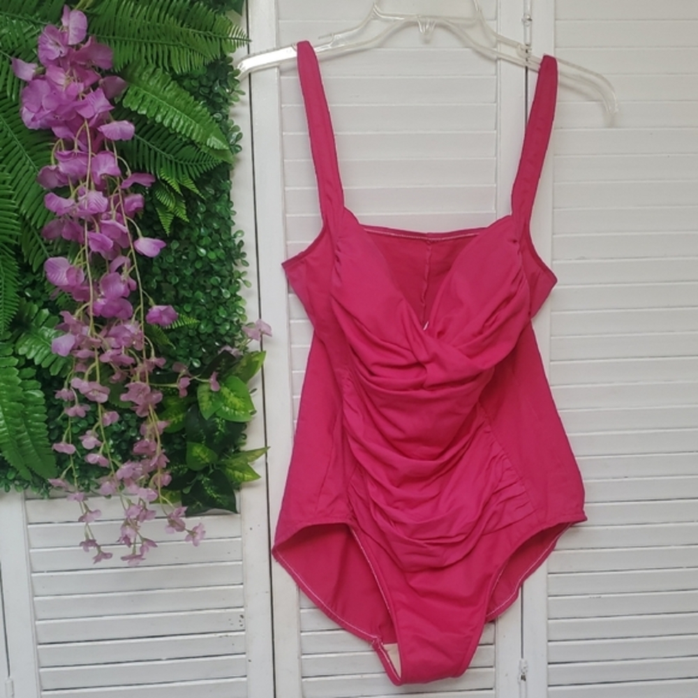 Trimshaper Vibrant Pink One Piece Swimsuit with Ruching and High Cut Size 12.